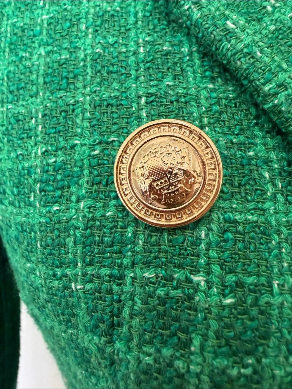 ZARA Emerald Green Tweed Blazer Gold Crest Buttons Structured Jacket Small